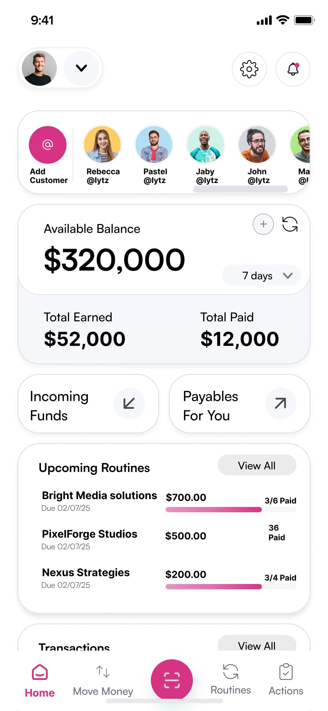 Lytz home screen showing available balance and upcoming routines